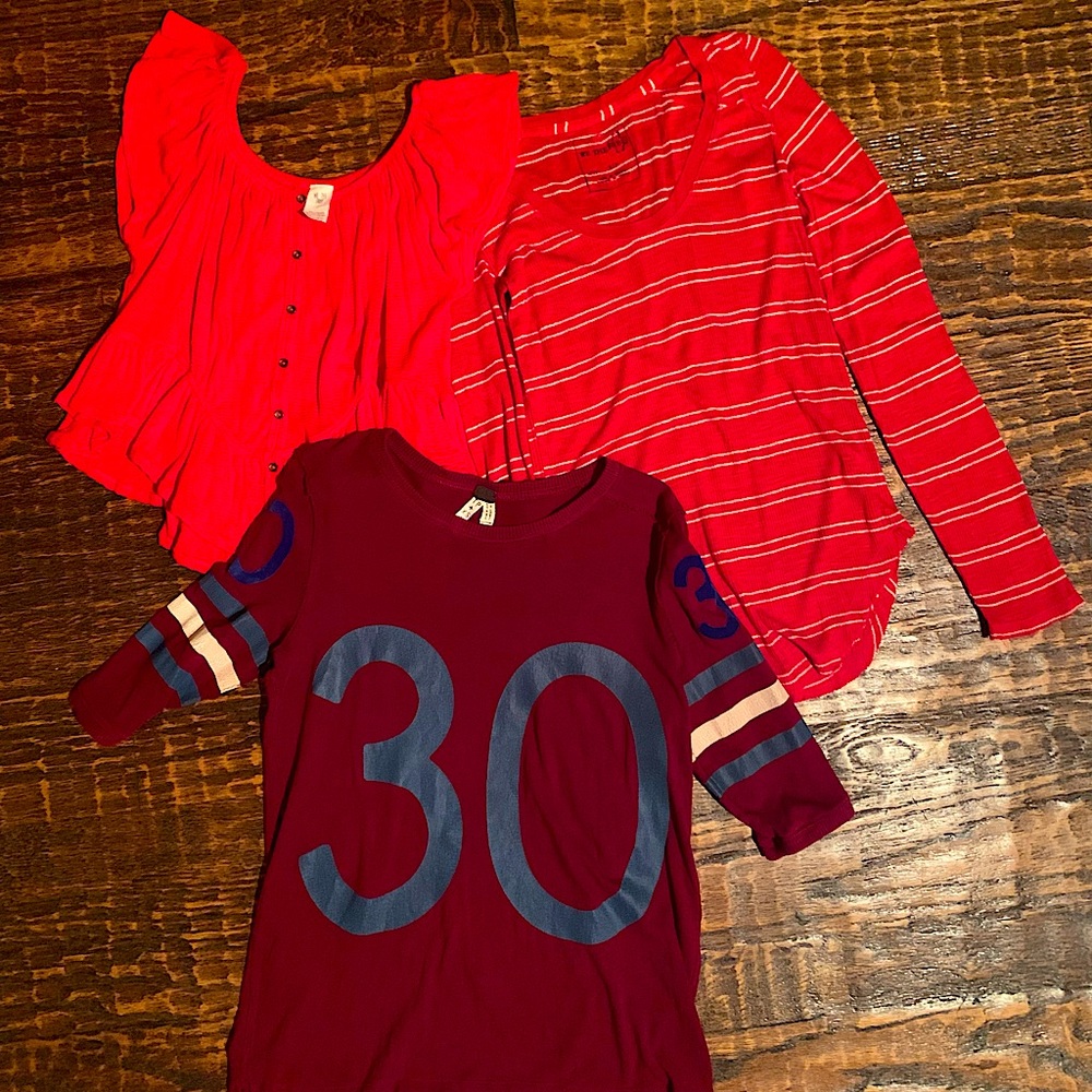 Free People Red Ruffle Blouse, Red Striped Long Sleeve Top, & Maroon Rugby Shirt